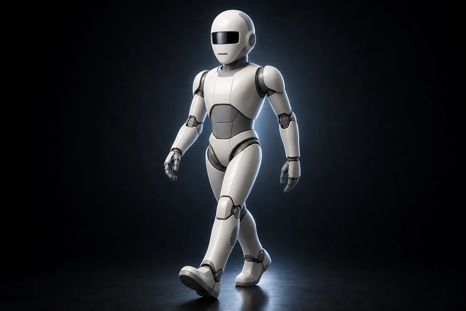 Concept render of Milo: a white humanoid robot with a visored head, mid-stride against a dark background.